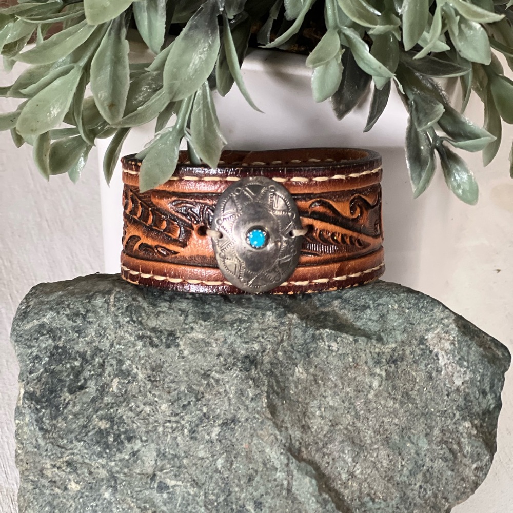 Handmade Sterling Silver Concho Leather Cuff – 7.5”